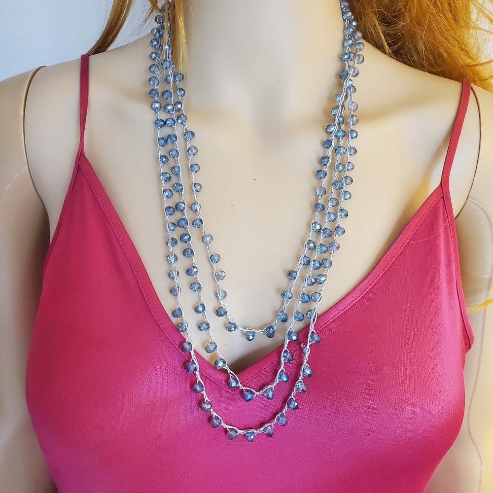 Long Grey Blue Sparkly Crystal Bead Necklace - Picture 12 of 12